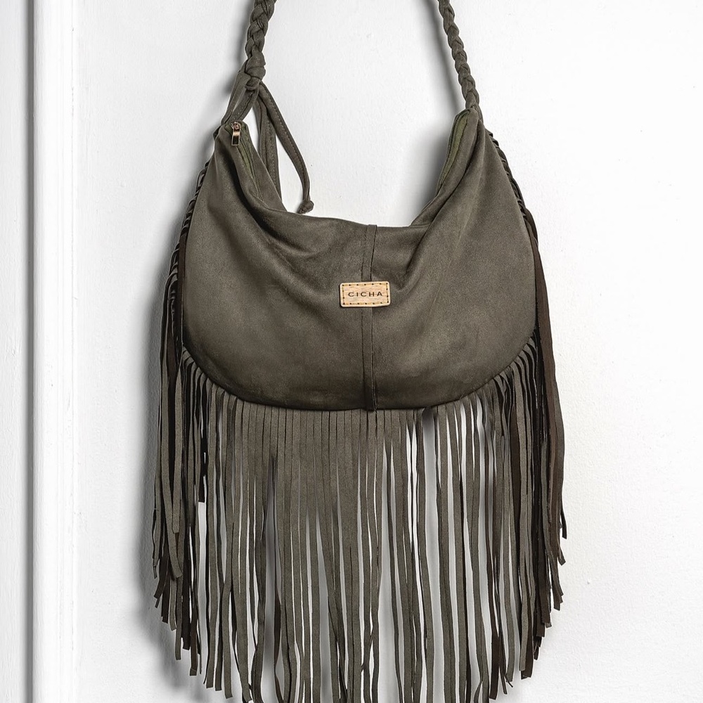 Cicha Olive Fringe Hobo Bag
